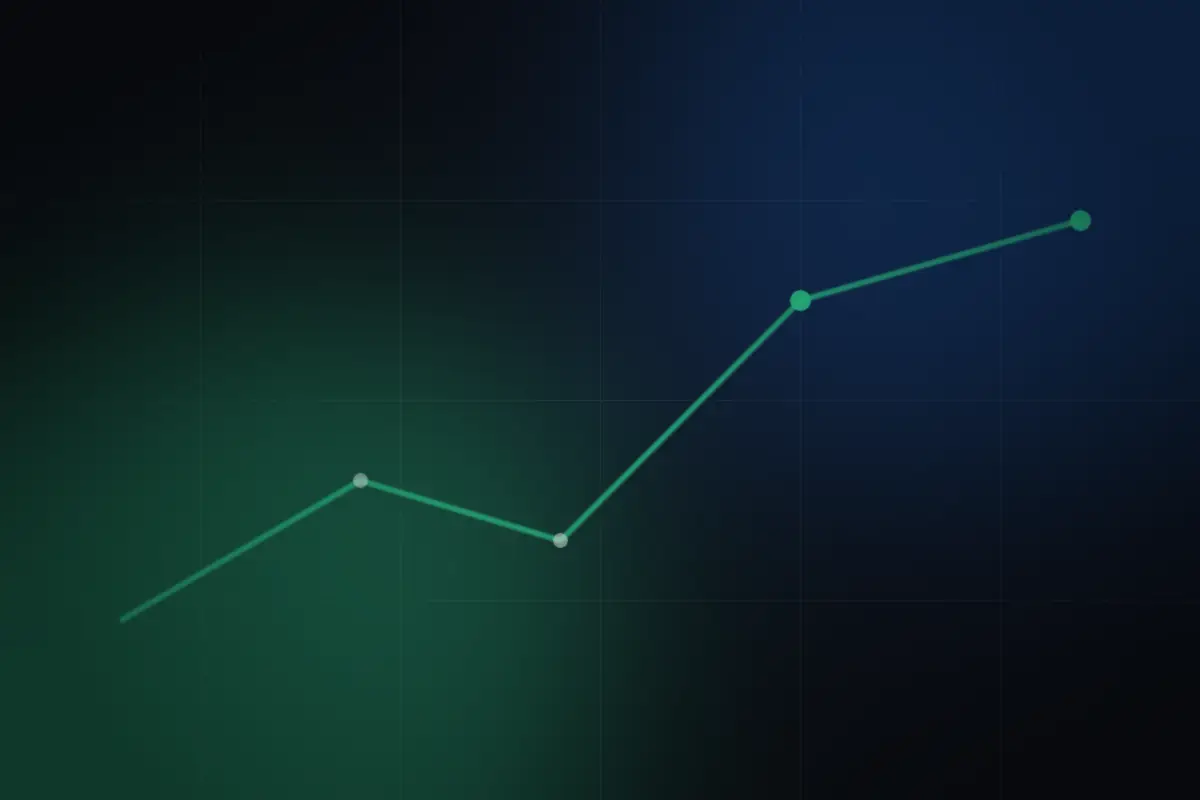 Gráfico de linha ascendente em tela escura com pontos de recuperação destacados em verde